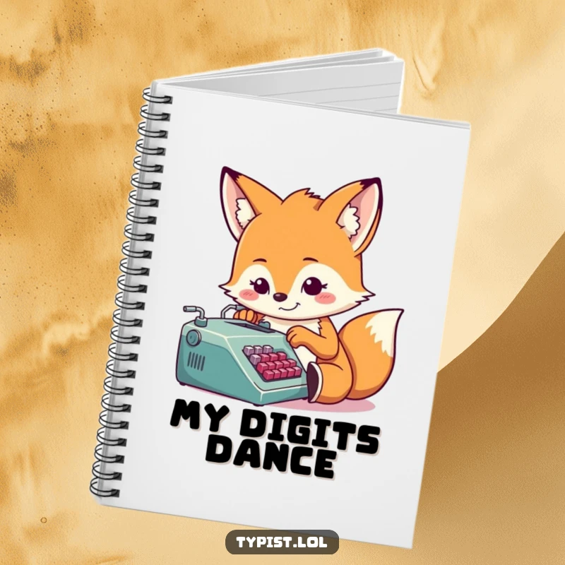 Funny fox typing on a tiny typewriter, notebook cover design, perfect for writers, journalists, and students, humor.