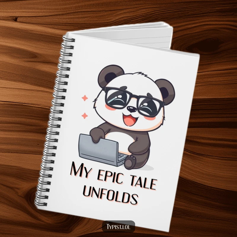 Funny panda wearing glasses, typing rapidly with joy, a charming notebook for students and panda enthusiasts who love humor.