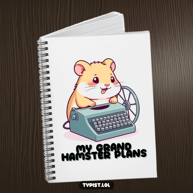 Funny Hamster Notebook: A determined hamster spins its wheel connected to a typewriter, perfect for documenting ideas with humorous determination.