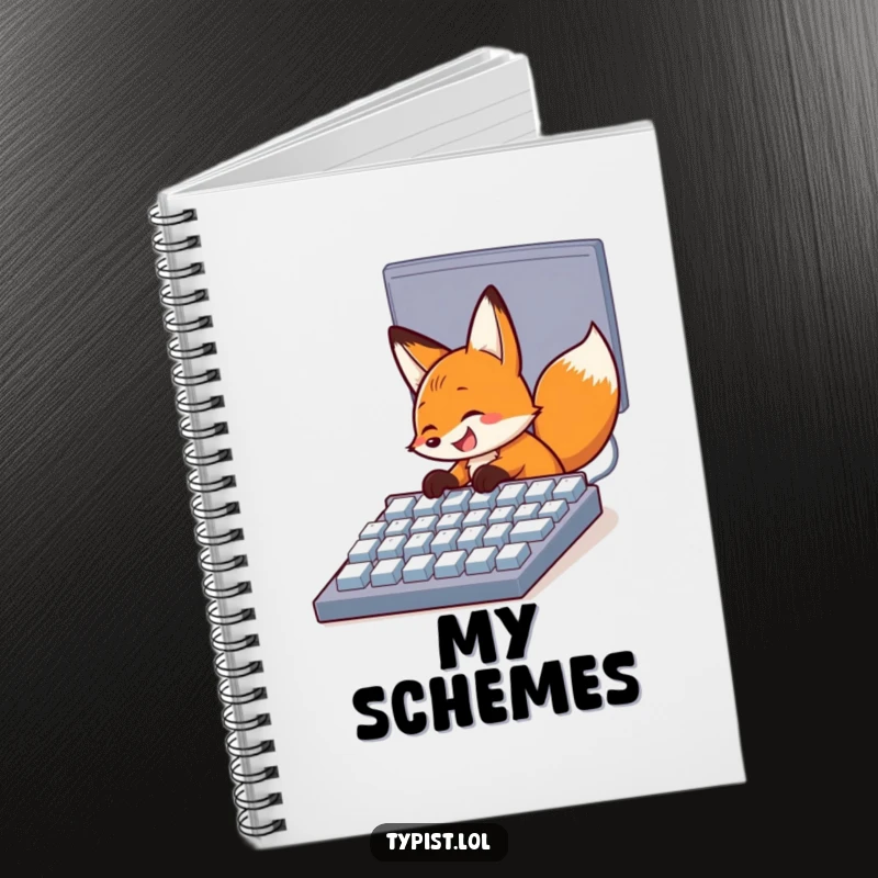 Funny notebook with a happy fox grinning while typing on a giant computer keyboard, encouraging tech innovation and humor.
