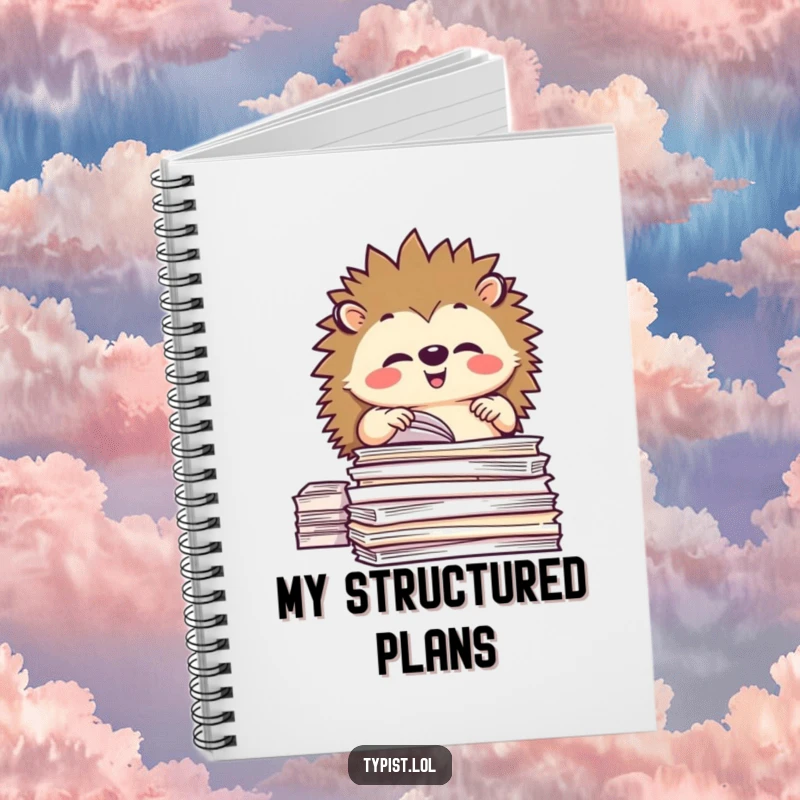 Funny notebook cover with a happy hedgehog meticulously organizing stacks of paper, ideal for orderly note-taking.
