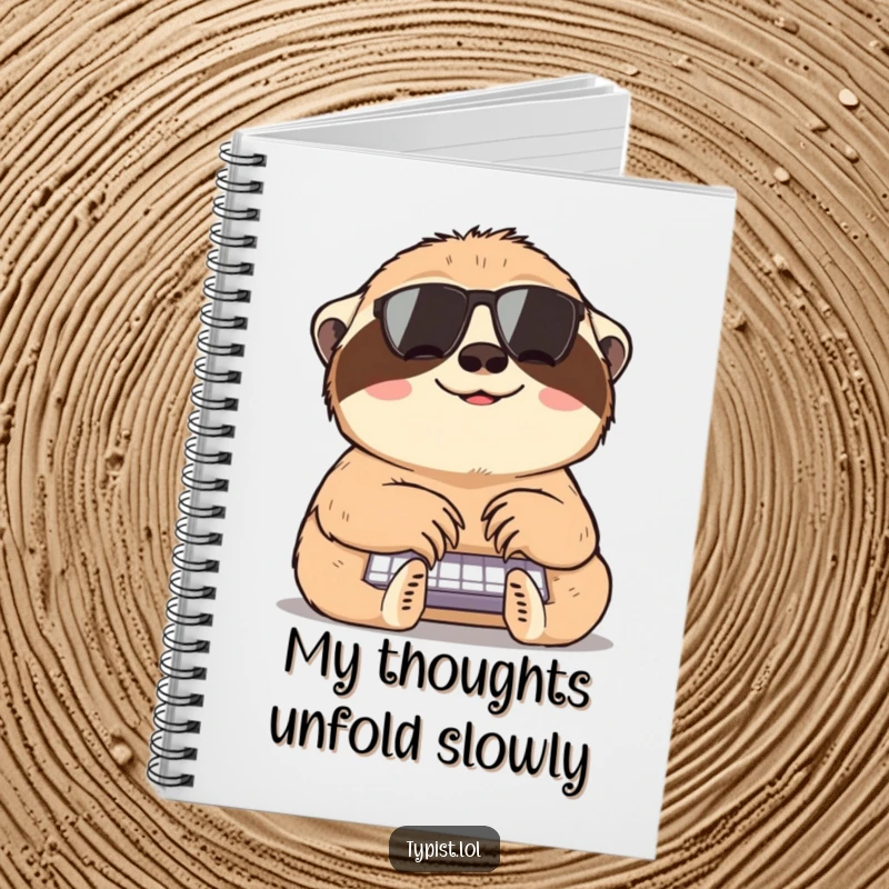Funny sloth notebook with a happy sloth typing methodically, ideal for note-taking with a humorous and relaxed spirit.