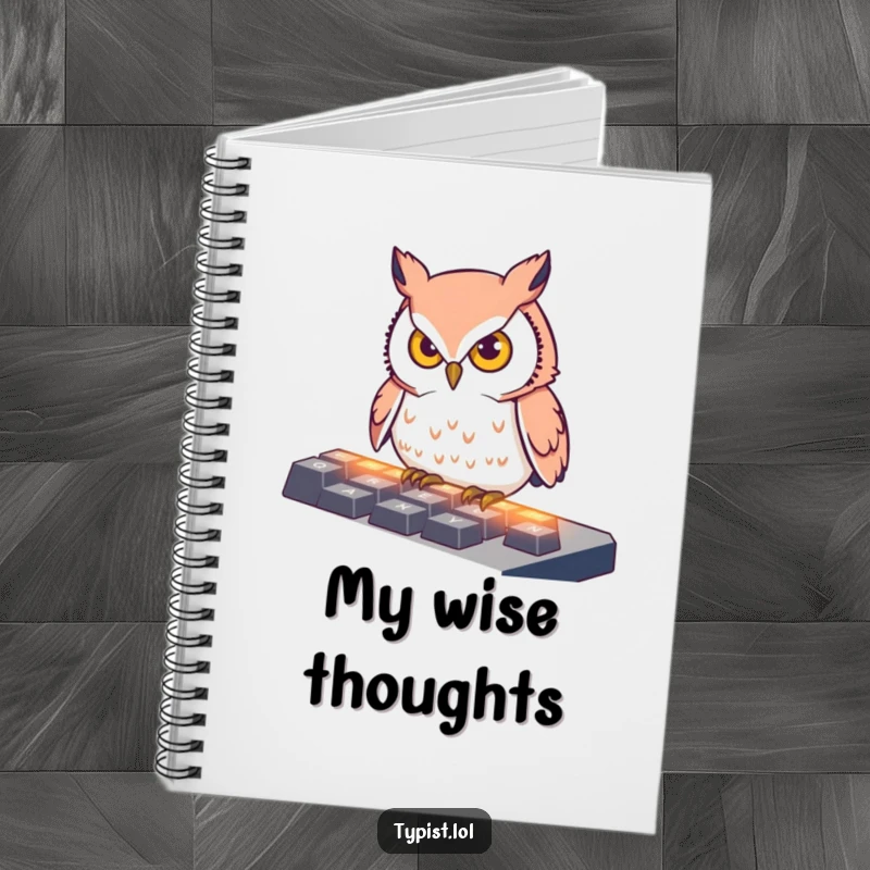 Funny Notebook featuring a determined owl pecking at illuminated keyboard keys, ideal for jotting down notes and intelligent ideas.