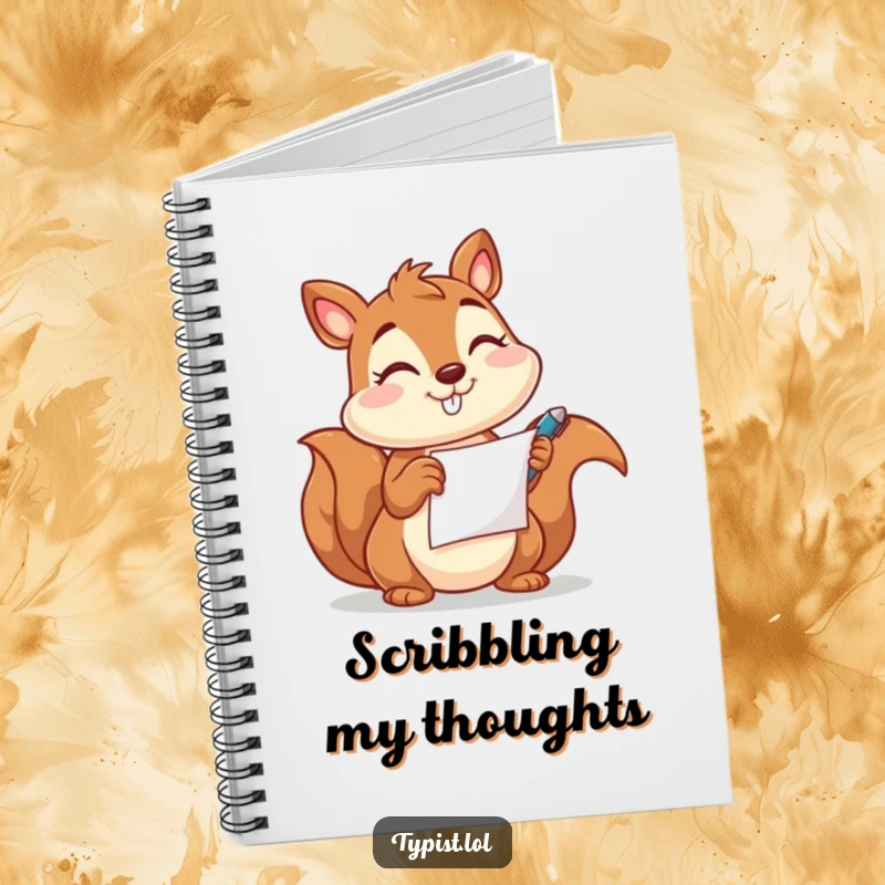 Funny notebook featuring a happy squirrel character winking while holding a pen and paper, perfect for jotting down ideas.