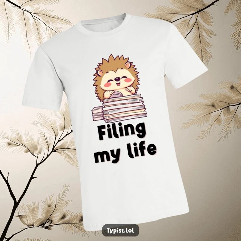 Funny t-shirt graphic of a happy hedgehog meticulously arranging stacks of paper, embodying humorous organization.