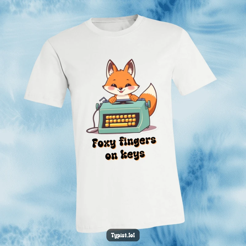 Funny Fox Speed Typist T-Shirt: A proud fox swiftly types on a vintage typewriter, exuding speed and confidence, perfect funny gift for authors.