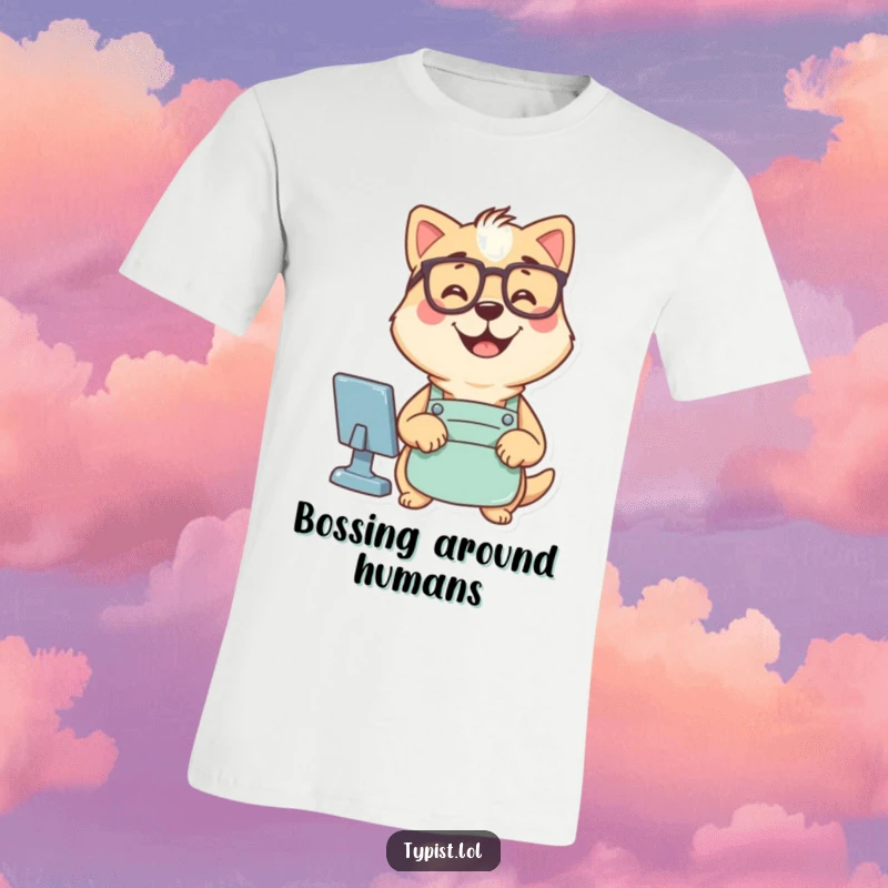 Funny t-shirt featuring a smiling dog with glasses and an apron, typing computer commands, representing a smart coder.