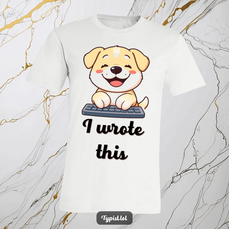 Funny dog t-shirt with a smiling dog joyfully tapping keys on a computer keyboard like a pro coder, very humorous.
