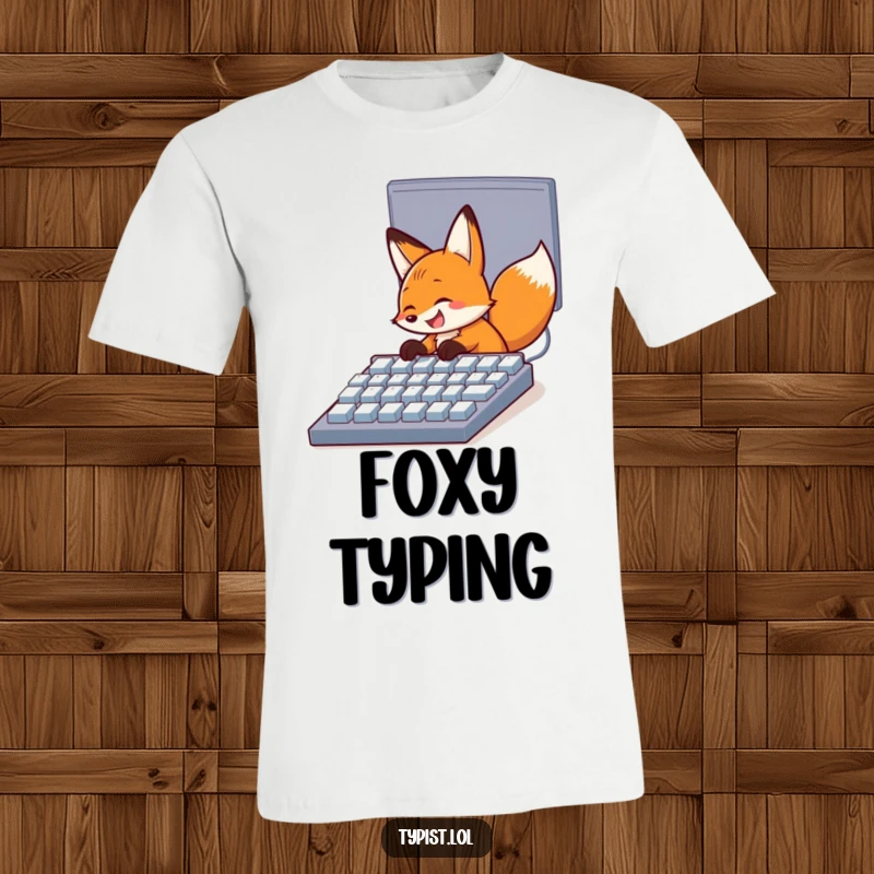 Funny t-shirt featuring a happy fox with a grin, rapidly typing on a massive computer keyboard, celebrating digital fun.