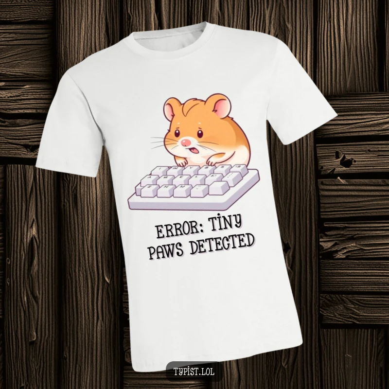 Funny t-shirt showing a hyperactive hamster energetically typing on a keyboard using its nose, a symbol of frantic productivity.