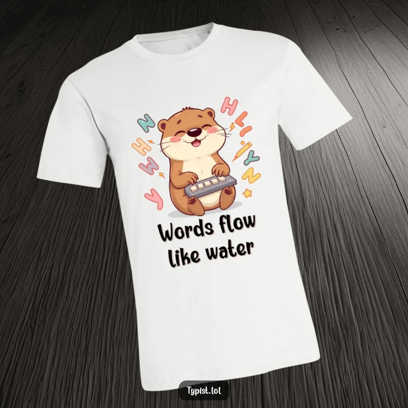 Funny otter t-shirt featuring a happy otter typing rapidly, with letters swirling around, representing speed and wit.
