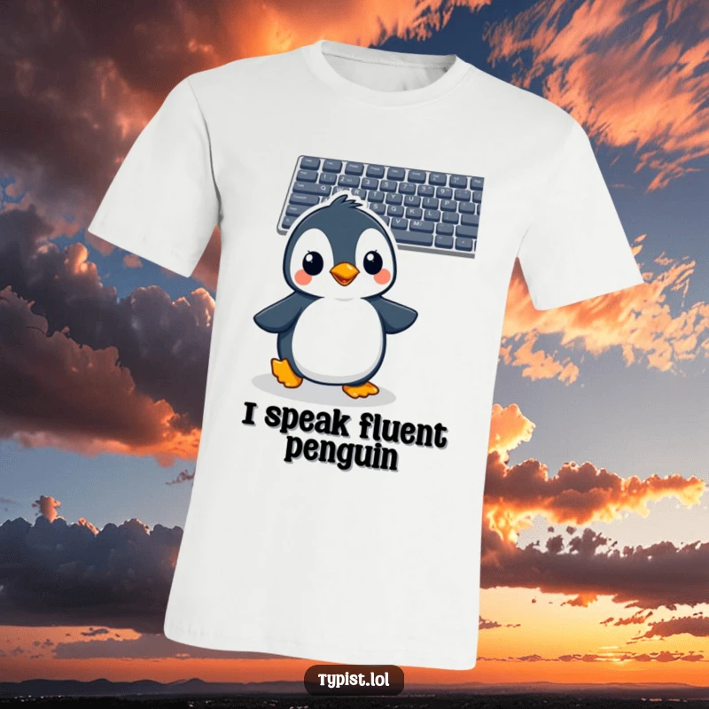 Funny penguin t-shirt featuring a cheerful penguin waddling enthusiastically towards a computer keyboard, ready to type.