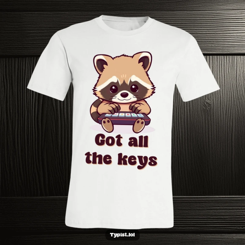 Funny raccoon t-shirt featuring a busy raccoon typing with multiple paws on a large screen, celebrating multitasking humor.
