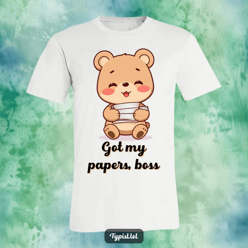 Funny Bear T-Shirt: A smiling bear character holds a massive stack of papers, depicting the joy and challenge of a busy workload.