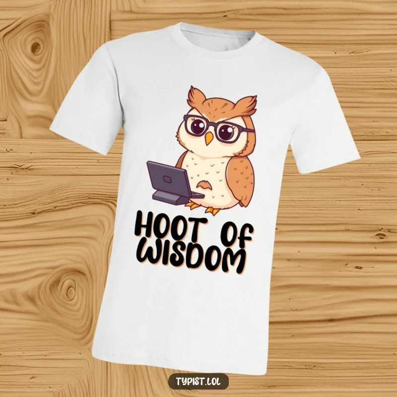 Funny t-shirt showcasing a proud owl wearing spectacles, typing with distinguished grace and deep thought.