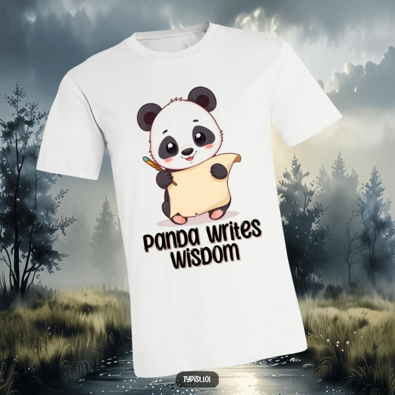 Funny Panda Quill T-Shirt: A happy panda giggles while writing with a quill on a scroll. Comfortable and amusing apparel.
