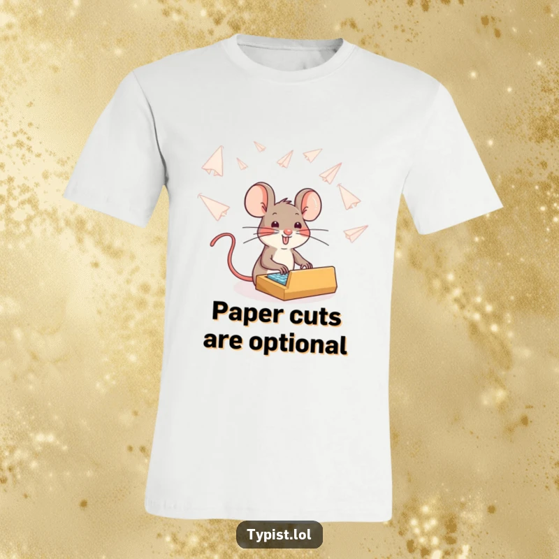 Funny brave mouse typing amidst a flurry of paper airplanes, humor t-shirt, determined and cute animal design.