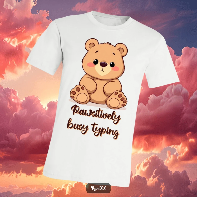 Funny Bear Typing T-Shirt: A determined bear types with comically large paws, expressing focus, perfect funny gift for hard workers.