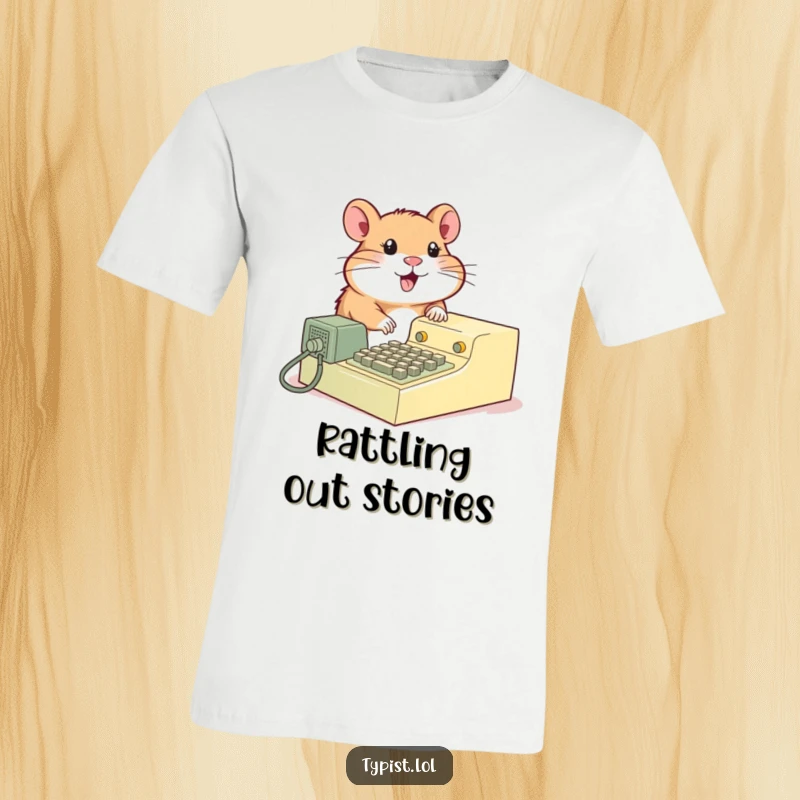 Funny Hamster Typewriter T-Shirt: A happy hamster types on a vintage machine with joy. Comfortable and amusing apparel.