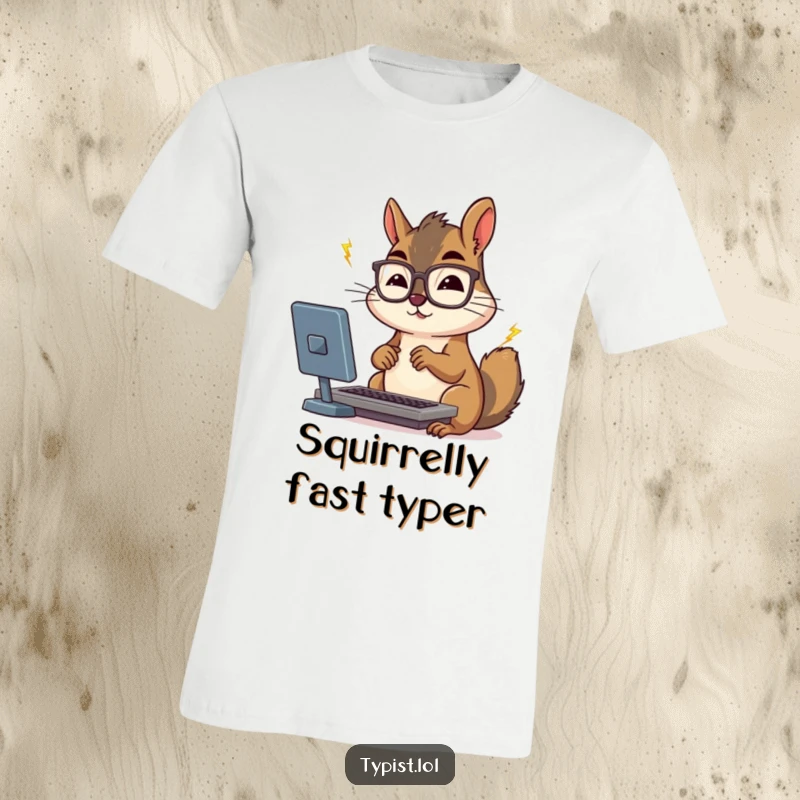 Funny squirrel with glasses typing rapidly, depicted on a t-shirt, conveying intense focus and speed.