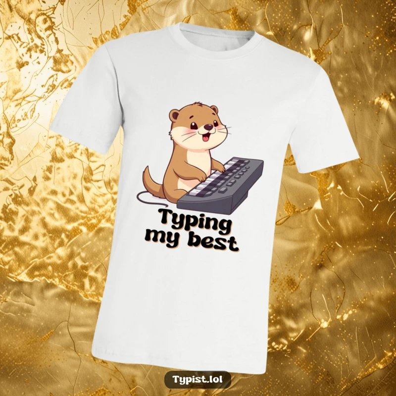 Funny t-shirt showing a happy otter character enthusiastically typing on a large keyboard, radiating joy and productivity.