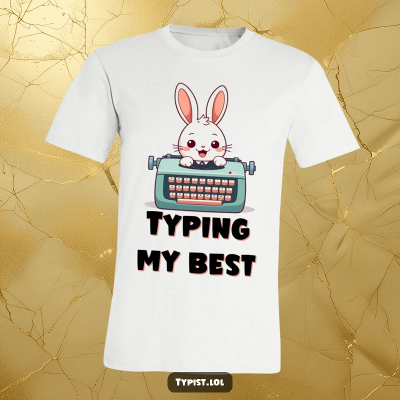 Funny t-shirt depicting a cheerful rabbit enthusiastically typing on a giant typewriter, celebrating the joy of writing with humor.