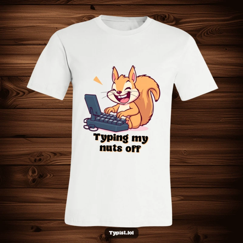 Funny frantic squirrel enthusiastically typing on a massive keyboard, showcasing a joyful, intense work ethic, ideal for humor lovers.