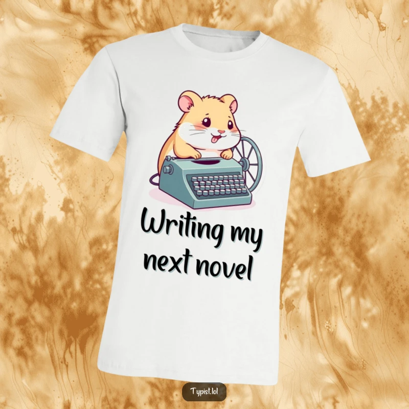Funny Hamster T-Shirt: A determined hamster spins its wheel attached to a typewriter, depicting relentless effort and a funny gift.