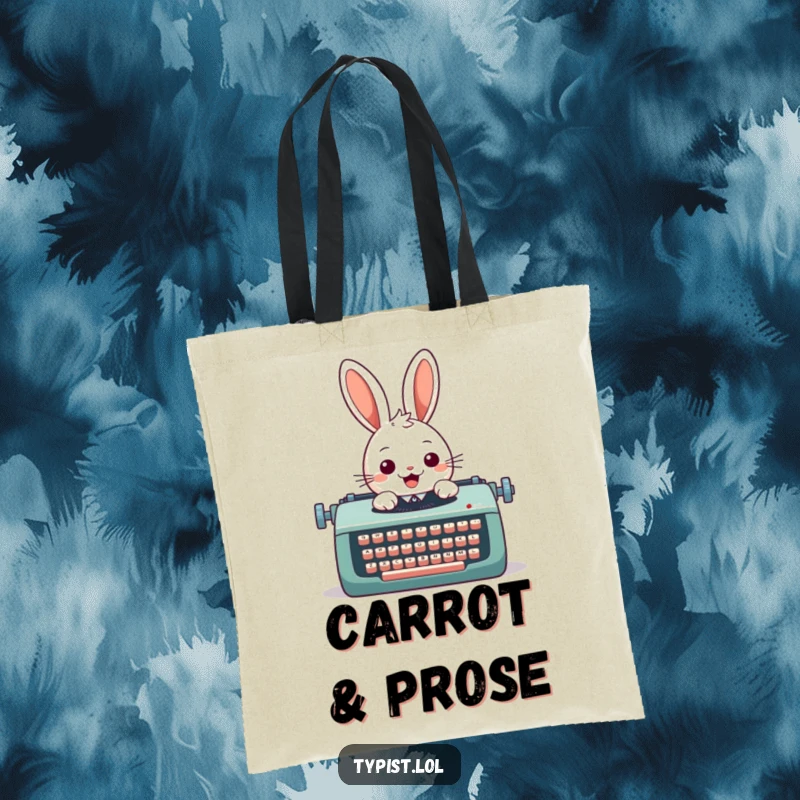 Funny tote bag with a cheerful rabbit typing on a large typewriter, a humorous accessory for carrying books and treasures.
