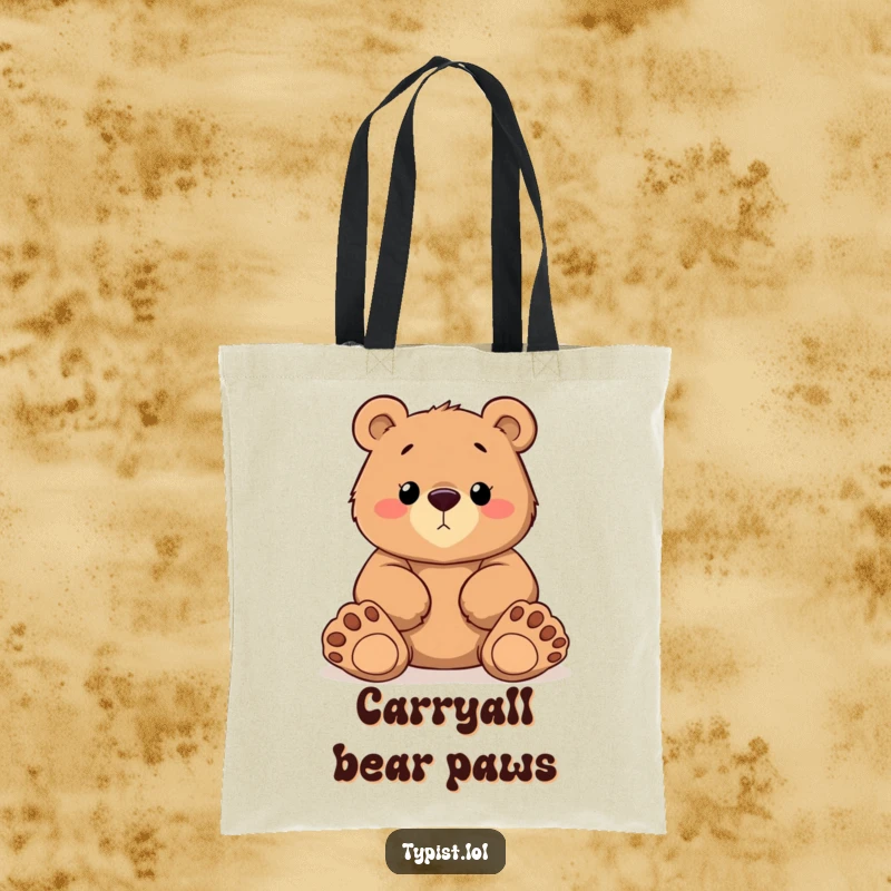 Funny Bear Typist Tote Bag: A determined bear types with oversized paws, showcasing effort, a humorous and practical funny gift.