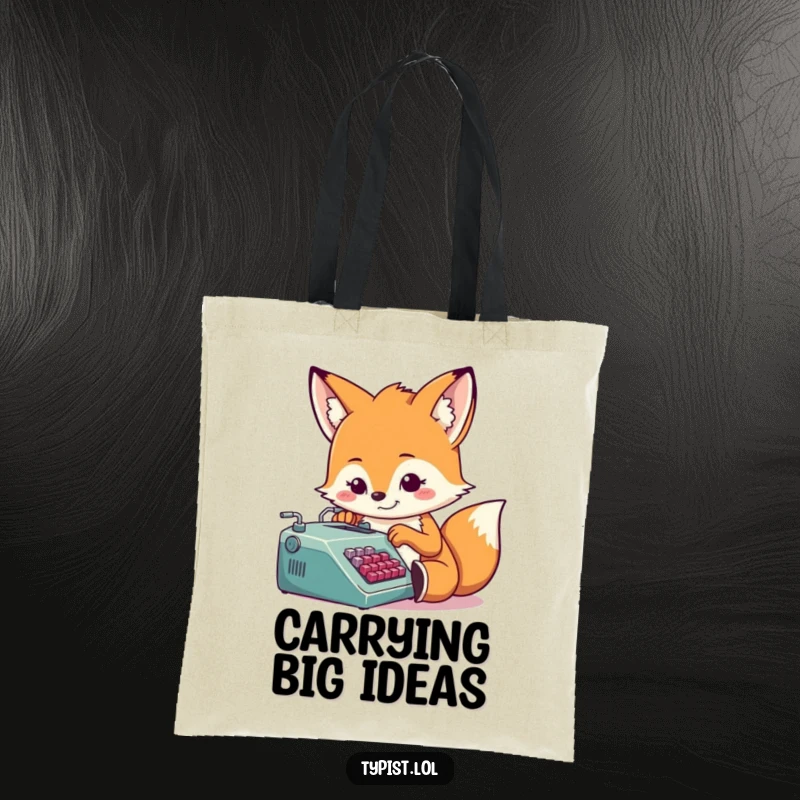Funny, determined fox typist on a tote bag, carrying books and writing supplies, practical and humorous gift.