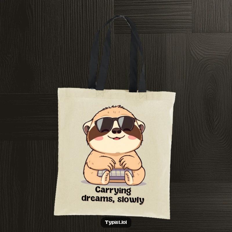 Funny sloth tote bag depicting a happy sloth typing slowly, designed for carrying essentials with a humorous, relaxed vibe.