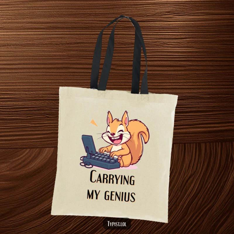 Funny squirrel with a big smile, furiously typing on a giant keyboard, perfect for carrying groceries or books with a touch of humor.