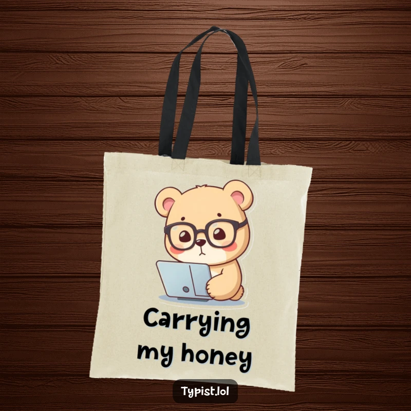 Funny tote bag with a small bear in reading glasses, intently focusing on a screen, a humorous accessory for knowledge seekers.