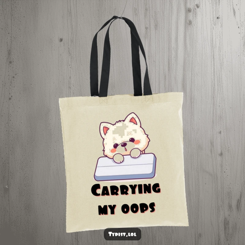 Funny dog tote bag, a fluffy dog character accidentally presses a giant enter key, causing a comical situation.