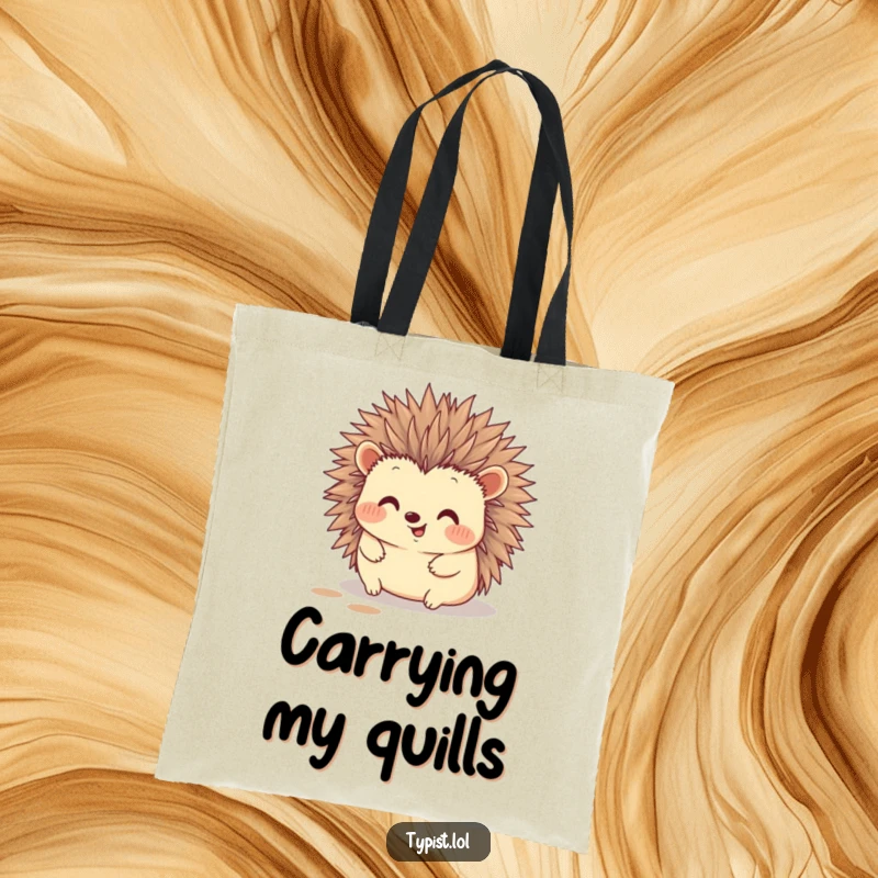 Funny hedgehog tote bag featuring a happy hedgehog typing with its quills, leaving ink marks, perfect for art supplies.