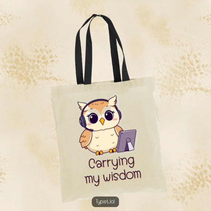 Funny Owl Typist Tote Bag: A happy owl with a headset types with focus, a humorous and practical funny gift.