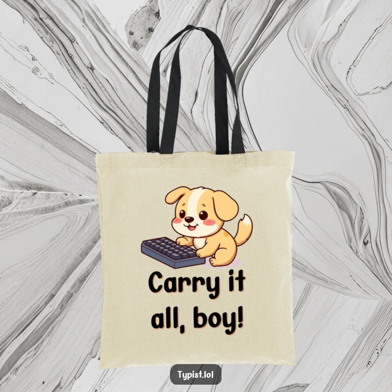 Funny Tote Bag with a playful dog pecking at a keyboard, its tail wagging, perfect for carrying everyday items with a humorous canine touch.