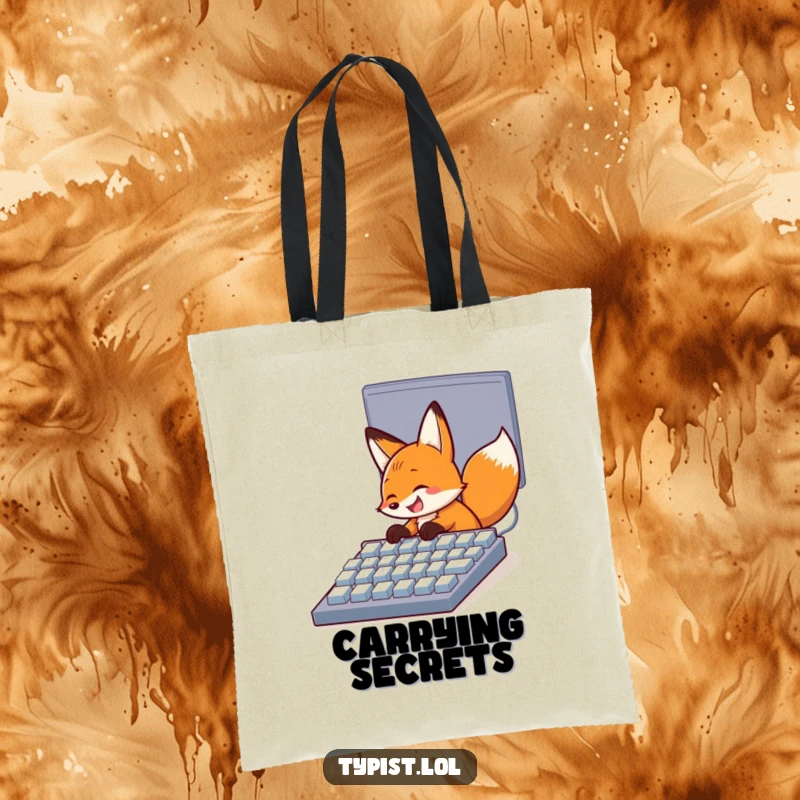 Funny tote bag featuring a happy grinning fox quickly typing on a giant computer keyboard, a humorous carry-all for tech gear.