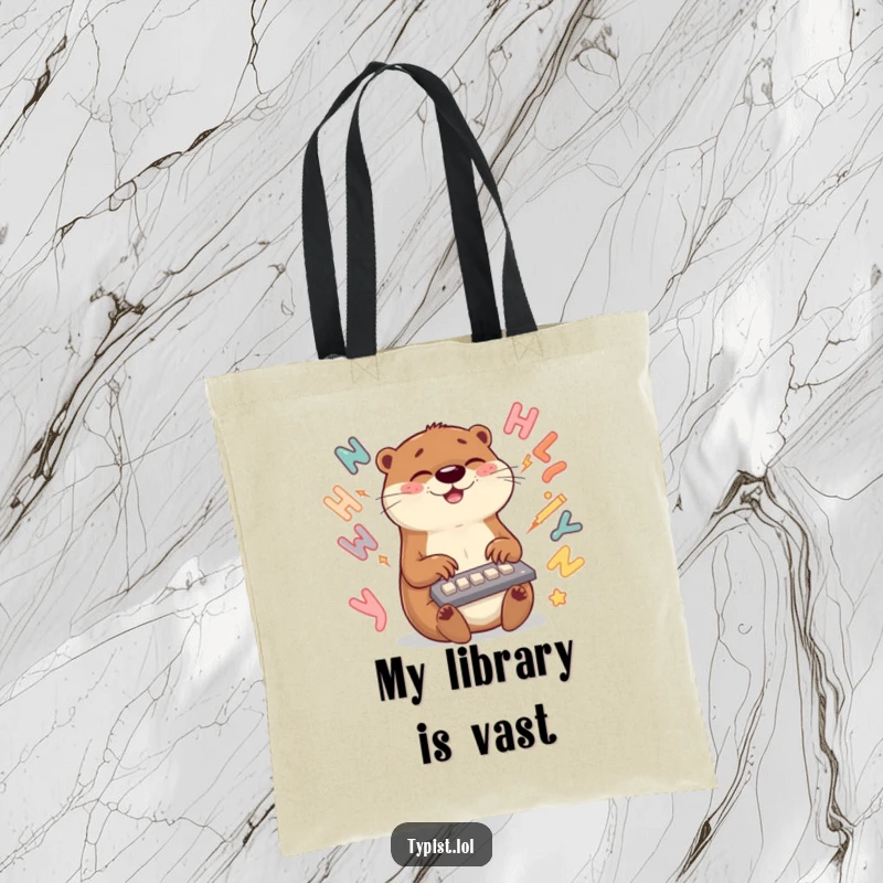 Funny otter typing tote bag with a speedy otter surrounded by letters, excellent for carrying books or supplies.