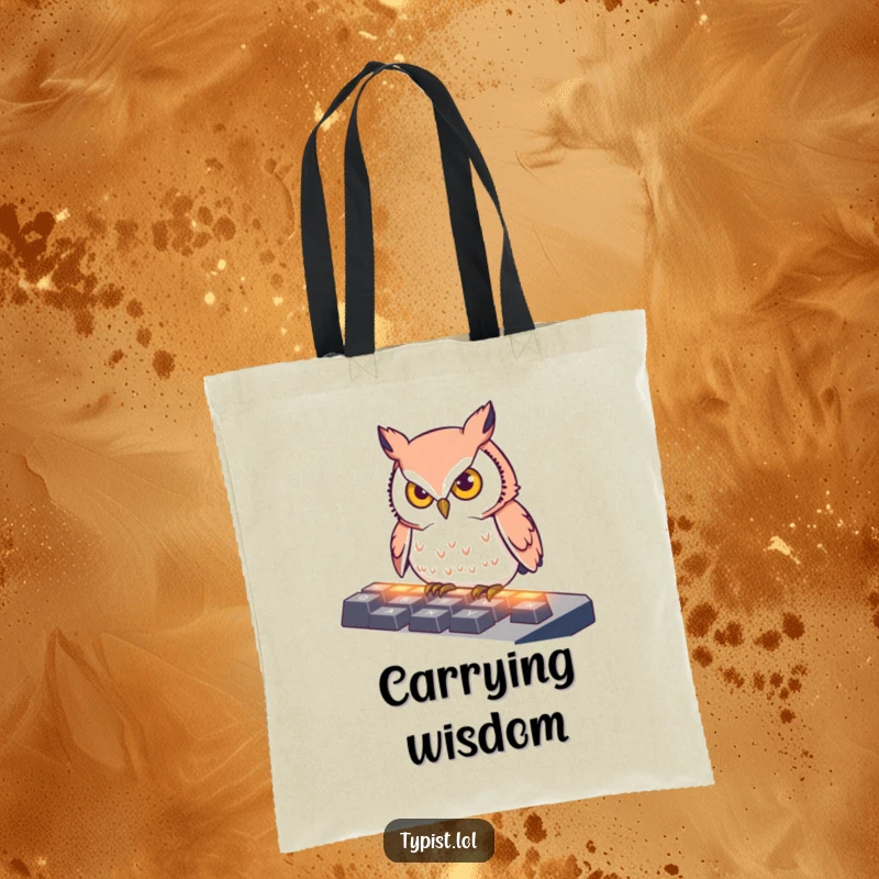 Funny Tote Bag showcasing a determined owl pecking at illuminated keyboard keys, ideal for carrying essentials with a touch of academic humor.