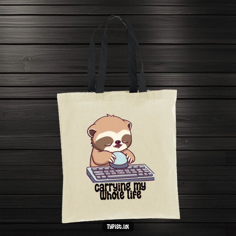 Funny sloth tote bag, sleepy sloth slowly pressing a single large keyboard button, durable and stylish.