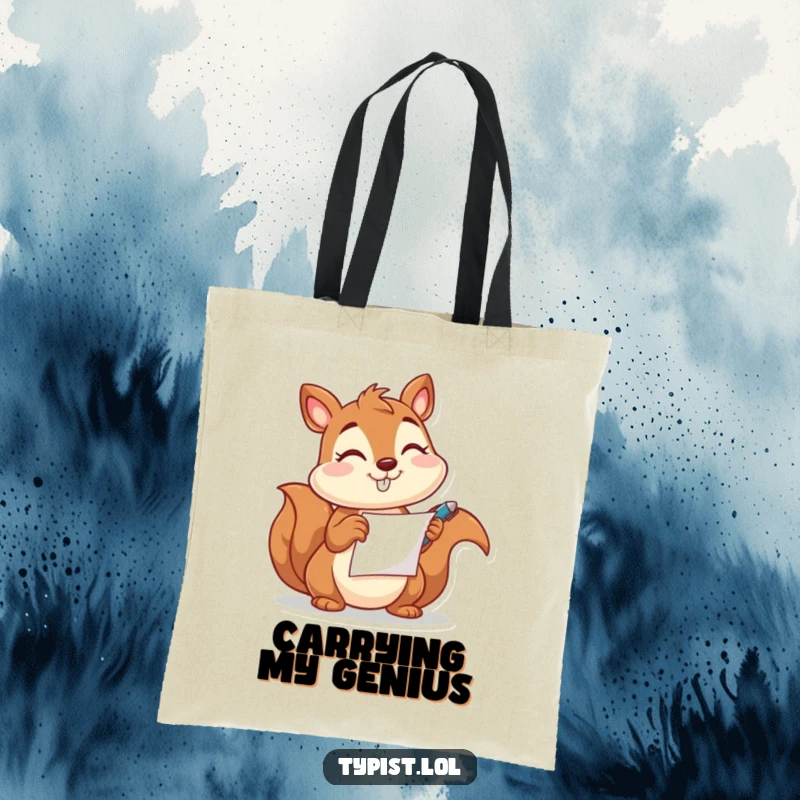 Funny tote bag with a happy squirrel holding a pen and paper and winking, ideal for carrying notes and essentials.