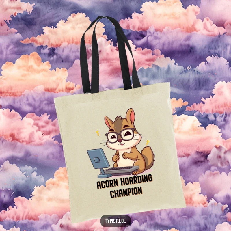 Funny squirrel with glasses typing furiously on a keyboard, printed on a durable tote bag.