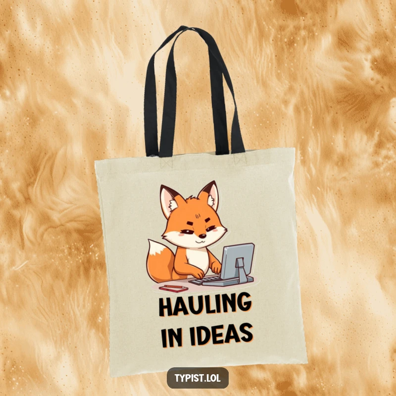Funny tote bag showing a happy fox intensely typing, brow furrowed in concentration, perfect for carrying genius ideas.