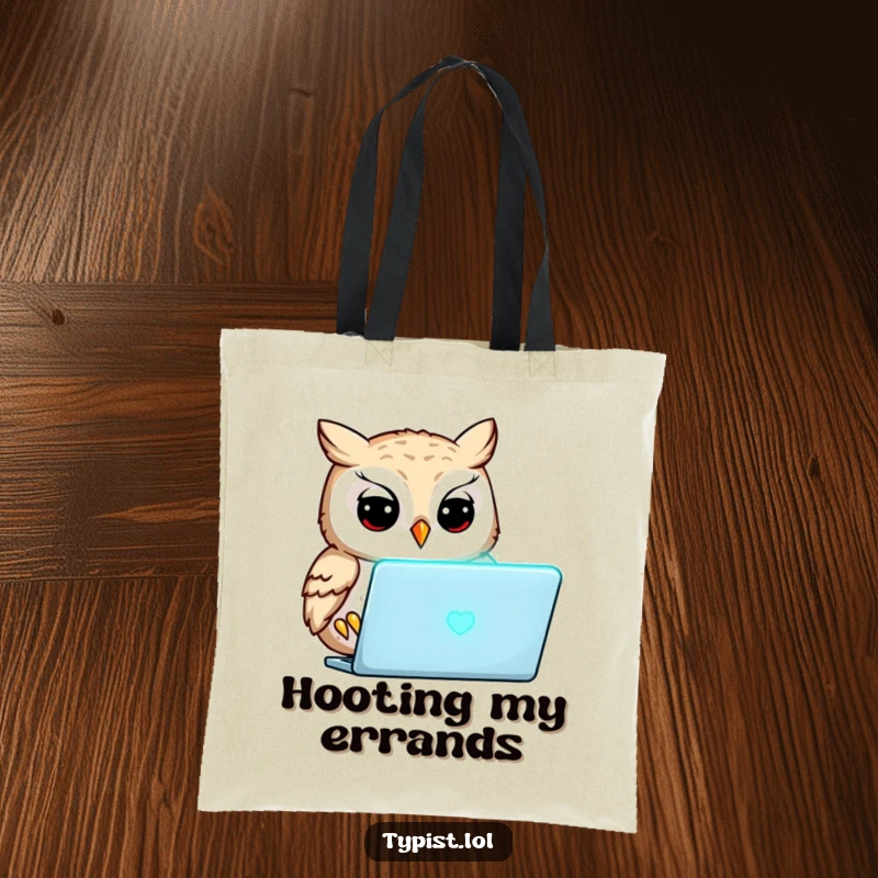 Funny owl intensely focused on a glowing laptop screen, humorous tote bag, perfect for students and professionals.
