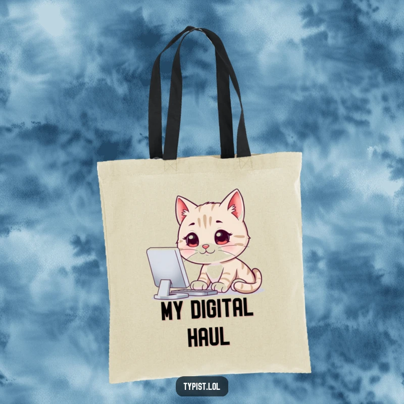 Funny tote bag with a smiling cat intently staring at a computer screen, perfect for carrying items with a humorous and tech-focused flair.