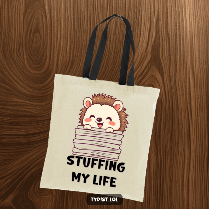 Funny happy hedgehog peeking out from behind a stack of papers, humorous tote bag, cute and practical.